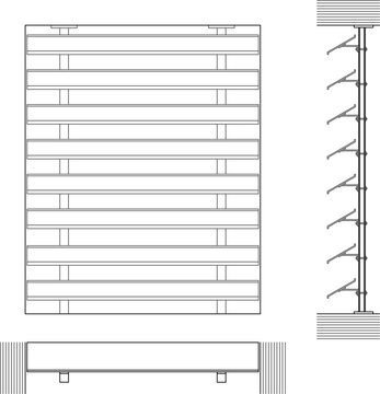 Technical line art vector illustration of an architectural louver system, sunshade louvers, or exterior facade louver panel shown in front elevation, side section view, and top plan view