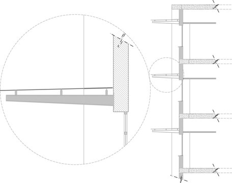 Technical CAD detail of a cantilever bracket attached to a wall, showing a zoomed-in connection joint and a vertical section of multiple shelf supports.