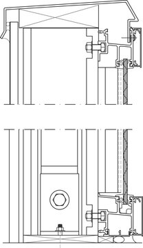 Technical line art vector illustration of an architectural curtain wall cross-section detail, featuring aluminum mullion or transom framing profiles, mechanical bolt connections, glass panel units, ru