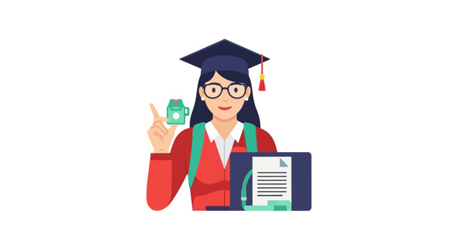 Graduation Concept: Student in Cap and Gown with Laptop, Backpack, and Diploma on Transparent Background