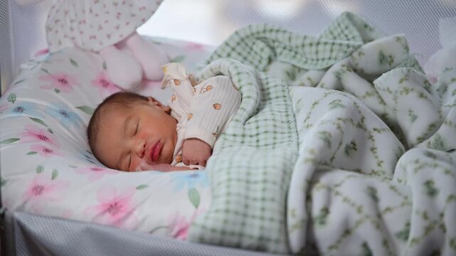 Newborn baby sleeping peacefully in bassinet and stretching in sleep