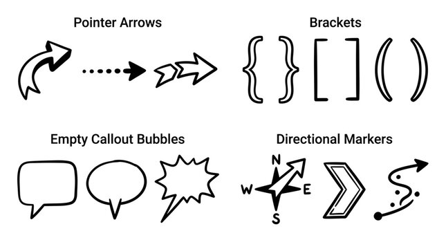 Hand Drawn Infographic Elements Vector Set with Pointer Arrows Brackets Empty Callout Bubbles and Directional Markers