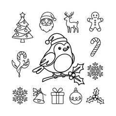 Fototapeta premium Christmas Coloring Page Elements: Robin, Santa, Tree, Reindeer, Gingerbread Man, Candy Cane