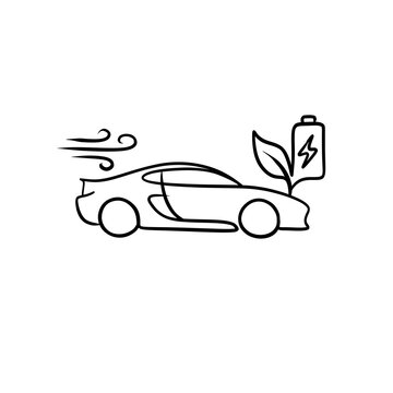 Electric Sports Car Line Art Icon with Wind Dynamics, Battery, and Leaves 