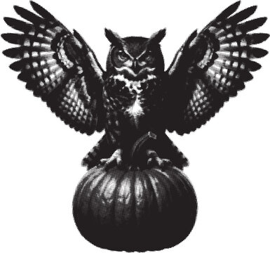 An owl with outstretched wings sits on a pumpkin during a halloween halftone