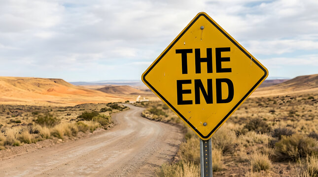 A yellow diamond-shaped road sign with the bold black text THE END is mounted on a metal post beside a winding dirt track in a vast arid desert landscape beneath a cloudy sky featuring warning