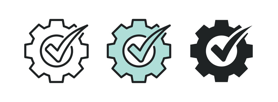 Checkmark and gear line and solid icon. Multi series icon. Web minimal icon