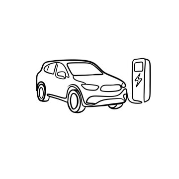 Electric SUV Car at Charging Station Line Art Illustration 