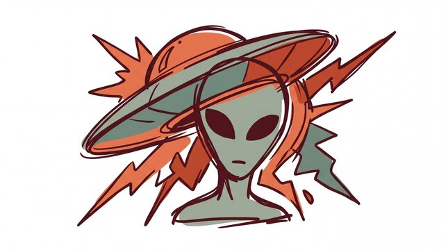 Retro alien head illustration with ufo and cosmic lightning bolts