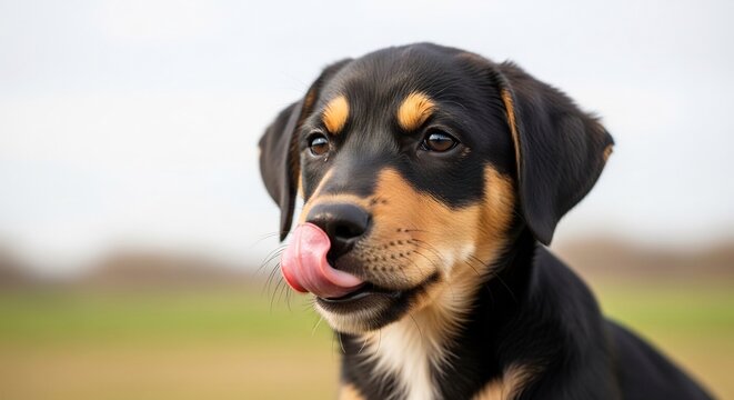 Cute Puppy Licking Nose: A charming puppy with tri-color fur eagerly licks its nose, anticipating a treat with its bright, attentive eyes.