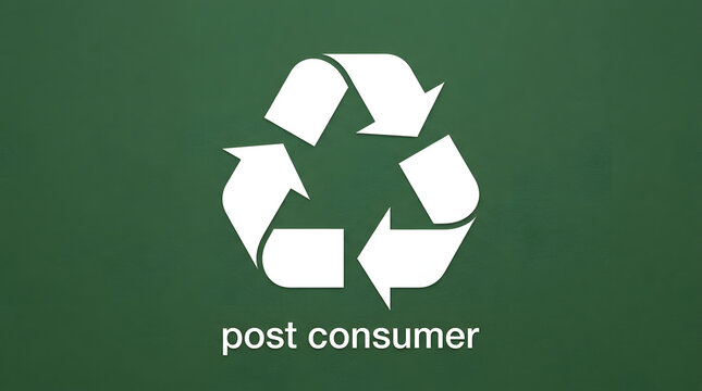 A clean white recycling symbol featuring three curved arrows centered above lowercase white text reading post consumer, all set against a dark green chalkboard background with a subtle texture