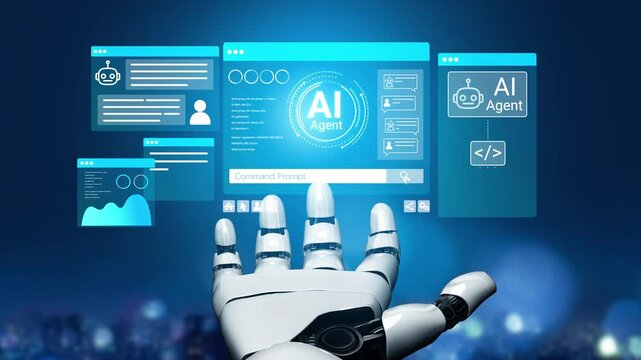 A robotic hand reaches out to interact with futuristic digital interfaces representing AI technology, showcasing innovation and automation in a visually striking blue setting. Entropy.
