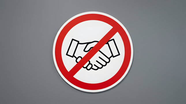 A circular prohibition sign featuring a black handshake icon inside a red ring with a diagonal slash isolated against a plain neutral grey background symbolizing canceled business agreements