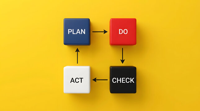 Minimalist 3D rendered PDCA business management cycle diagram featuring four colorful cubes arranged in a square loop on a solid yellow studio background with plan do check and act steps represented