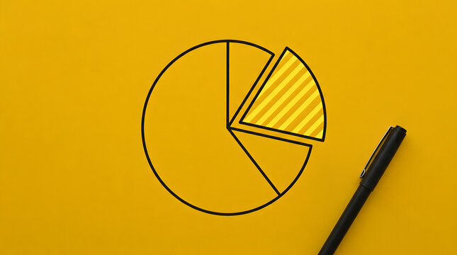 Minimalist top-down photograph of a hand-drawn black outline pie chart featuring four segments with one upper right slice separated and filled with yellow diagonal stripes beside a black marker