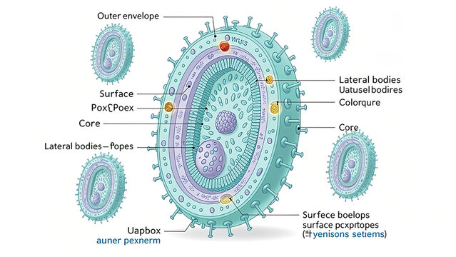 Poxvirus structure labeled medical illustration, 3D diagram of virus particle anatomy showing outer envelope, core and lateral bodies