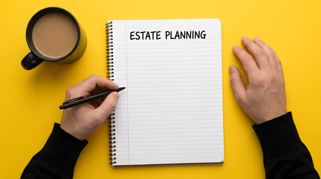 Top down flat lay photograph of a person in a black long-sleeve shirt writing estate planning in a lined spiral-bound notebook using a black pen beside a full black coffee mug on a yellow surface