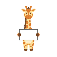 Obraz premium A cute cartoon giraffe holding a blank white sign for text
