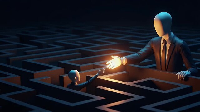 Giant Corporate Leader Helping Small Employee Out of Complex Maze Representing Business Problem Solving and Guidance