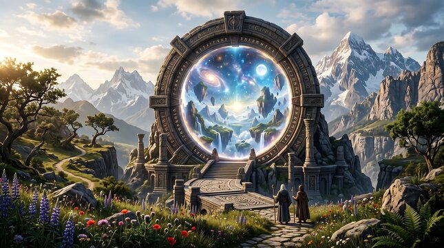 Ancient stone portal revealing a glowing cosmic landscape in a mountain valley