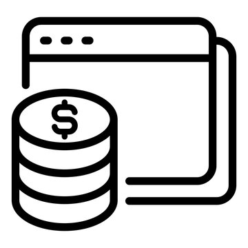 Line art icon of digital ads revenue and website monetization featuring a browser window with stacked dollar coins, representing online financial earnings and internet marketing profit growth
