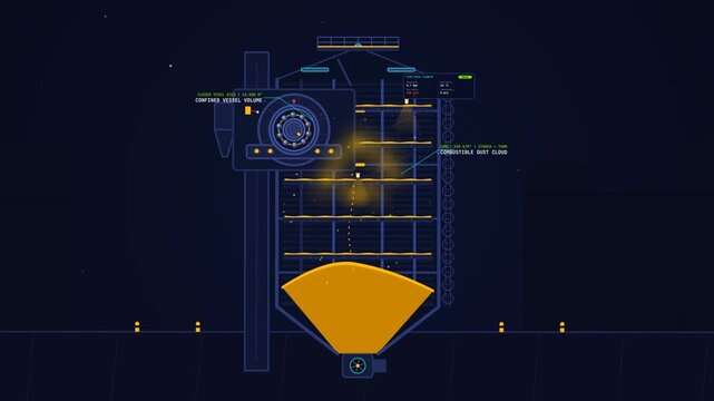 Animation illustrating the mechanics of a grain silo dust explosion showing combustible dust clouds point ignition secondary entrainment thermobaric chain reactions and explosion venting
