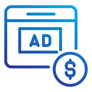 Digital ads revenue and website monetization icon featuring a browser window with an advertisement banner and a dollar sign coin in a modern blue gradient line art style for marketing.