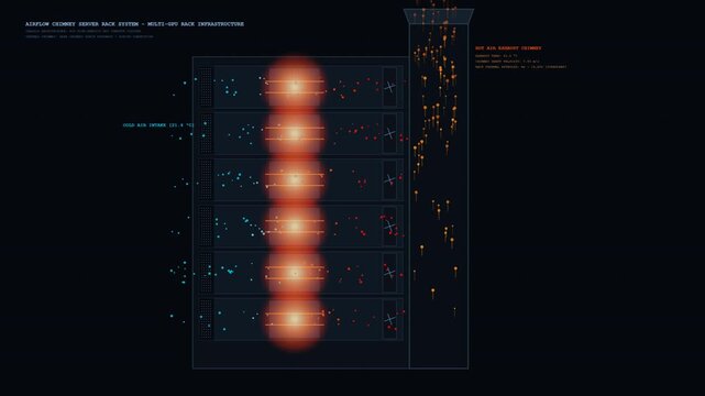 Technical cutaway animation of server rack airflow dynamics. Cool air enters lower intake vents, absorbs high heat from multi-GPU blade modules, and accelerates up through a dedicated vertical exhaust