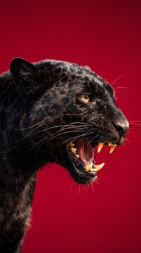 Aggressive black leopard growling with mouth wide open exposing sharp teeth on red background.
