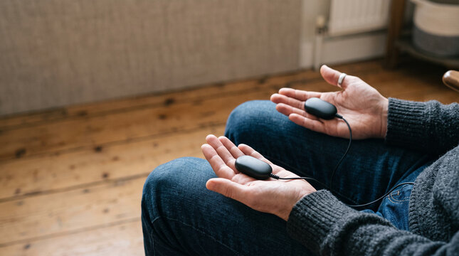 Close up of client hands holding bilateral tactile tappers during EMDR trauma therapy session with copy space