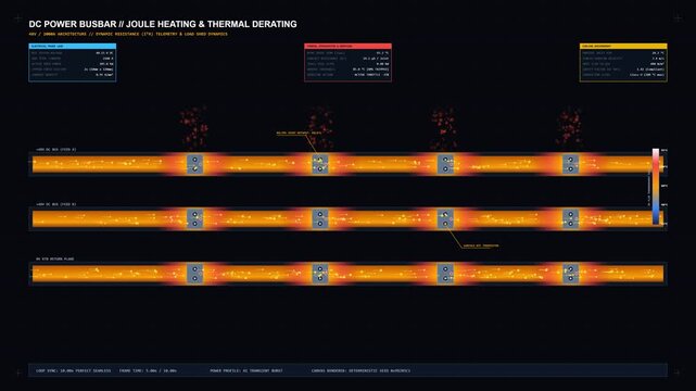 Technical thermal visualization of high-density 48V 2000A DC copper busbar distribution in an AI cluster rack, showing Joule heating dissipation, joint contact resistance hot spots, and dynamic power 