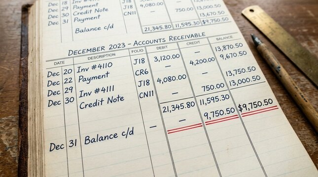 Accounting ledger close-up showing a closing balance for business accounting and ledger management concept