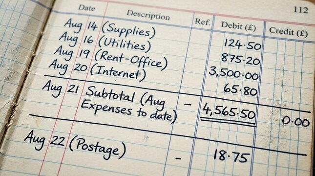 Accounting ledger close-up showing a subtotal line for business accounting and ledger management concept