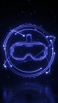 Futuristic VR headset neon icon, glowing virtual reality goggles with digital light orbits, vertical tech background