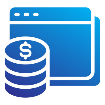 Modern conceptual icon of ads revenue monetization showing a browser window with a stack of dollar coins, representing digital marketing success, website earnings, and online business profit.