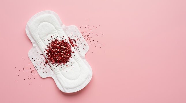 Menstrual pad with red star-shaped glitter on pink background, concept of period and feminine hygiene.