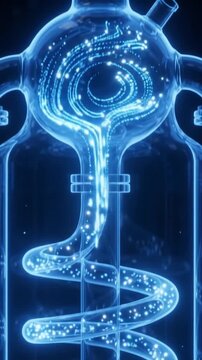 Futuristic laboratory glassware with glowing blue energy particles, sci-fi chemical reactor with swirling light, scientific research concept