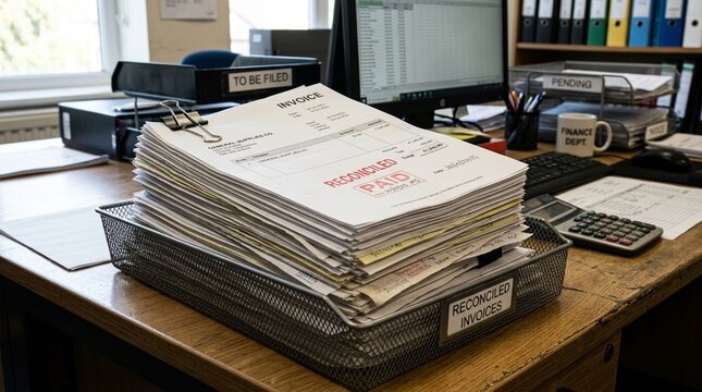 Stack of reconciled invoices resting in a filing tray for bookkeeping reconciliation and accounting concept