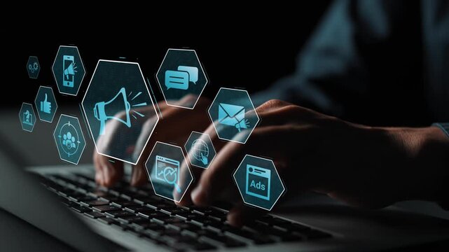 Digital marketing promotion strategy using megaphone, social media marketing, digital ads video content, communication, analytics, and global branding advertisement for business outreach Marrow
