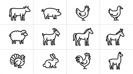 Fototapeta premium Set of Minimalist Farm Animal Line Icons Featuring Cow Pig Chicken Horse Sheep Goat and More for Agricultural Design