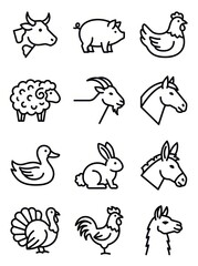 Fototapeta premium Set of Minimalist Farm Animal Line Icons Including Cow Pig Chicken Sheep Horse and More for Agriculture Design