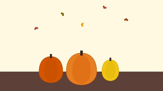 Minimalist Flat Vector Animation of Three Different Sized Pumpkins with Falling Autumn Heart Leaves