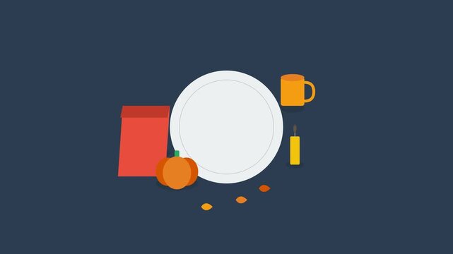 Minimalist Flat Animation of Thanksgiving Dinner Table Setting with Plate Pumpkin Mug and Candle