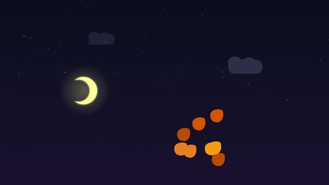 Flat Animation of a Glowing Crescent Moon and Floating Orange Lanterns in a Starry Night Sky