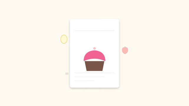 Animated Flat Illustration Celebrating National Dessert Month with a Cute Cupcake and Fruit Elements