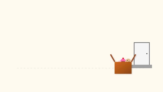Minimalist 2D Animation of a Delivery Box Moving Towards a Door and Opening to Reveal Sweet Desserts