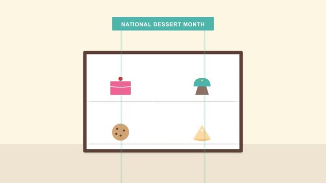 National Dessert Month Animation with Flat Icons of Cake, Cookie, Macaron, and Pie Slice on Grid