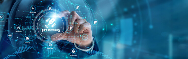 An aerospace specialist handhold Space Technology missions. Lead scientist using data tracking satellite trajectories and orbital propulsion metrics on mission control arrays. Cosmic discovery. © CyberFrame