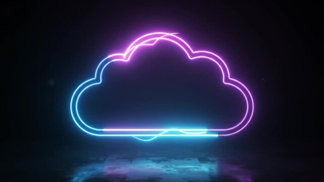 Neon cloud computing icon, glowing blue and purple light outline, futuristic digital data storage concept loop