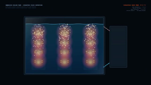 Technical animation of a liquid immersion cooling tank with submerged multi-GPU server blades. Visualizes dielectric fluid convection plumes, micro-boiling bubbles rising from processor nodes, and sec